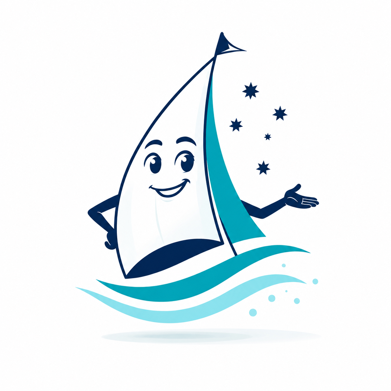 Our smiling sailboat mascot, with a teal sail and the Southern Cross